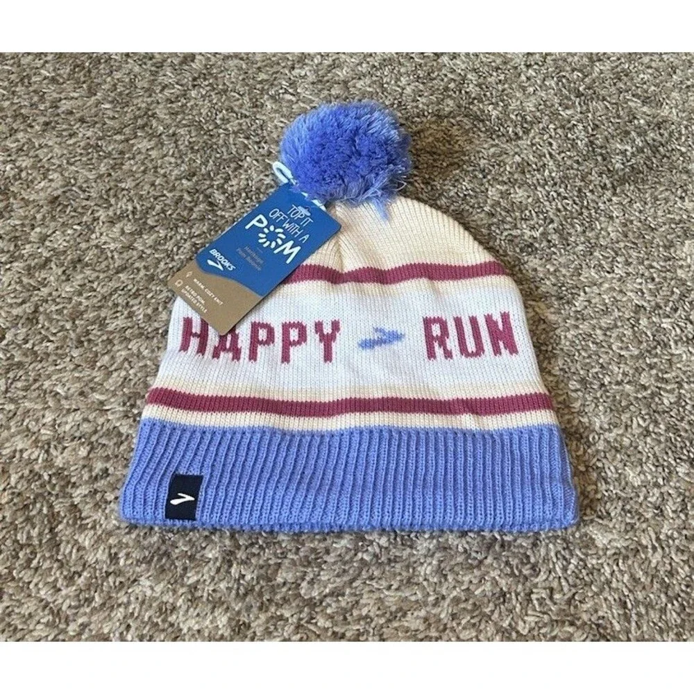 Brooks Run Happy Heritage Pom Beanie Sand Blue Red Unisex One Size NWT